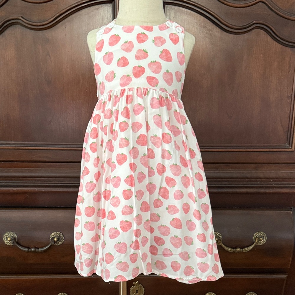 LULU BEBE Pink Strawberry Dress 4T Girls Summer Fruit Print Cottagecore